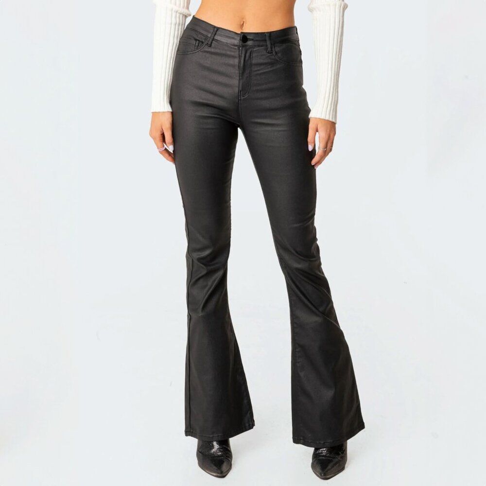 Edikted Luna Faux Leather M Flare Matte Black Bootcut Baddie Trendy Edgy Y2K